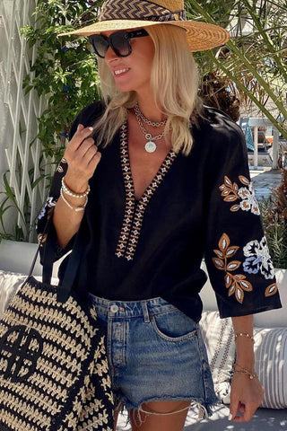 CLEARANCE Black Floral Embroidered Sleeve Bohemian V Neck Blouse