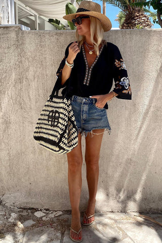 CLEARANCE Black Floral Embroidered Sleeve Bohemian V Neck Blouse