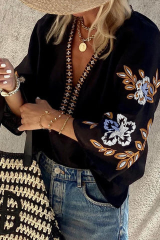 CLEARANCE Black Floral Embroidered Sleeve Bohemian V Neck Blouse