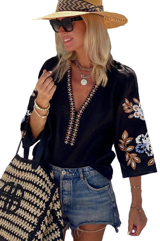 CLEARANCE Black Floral Embroidered Sleeve Bohemian V Neck Blouse