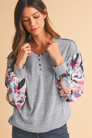 Gray Floral Splicing Lantern Sleeve Buttoned V Neck Top