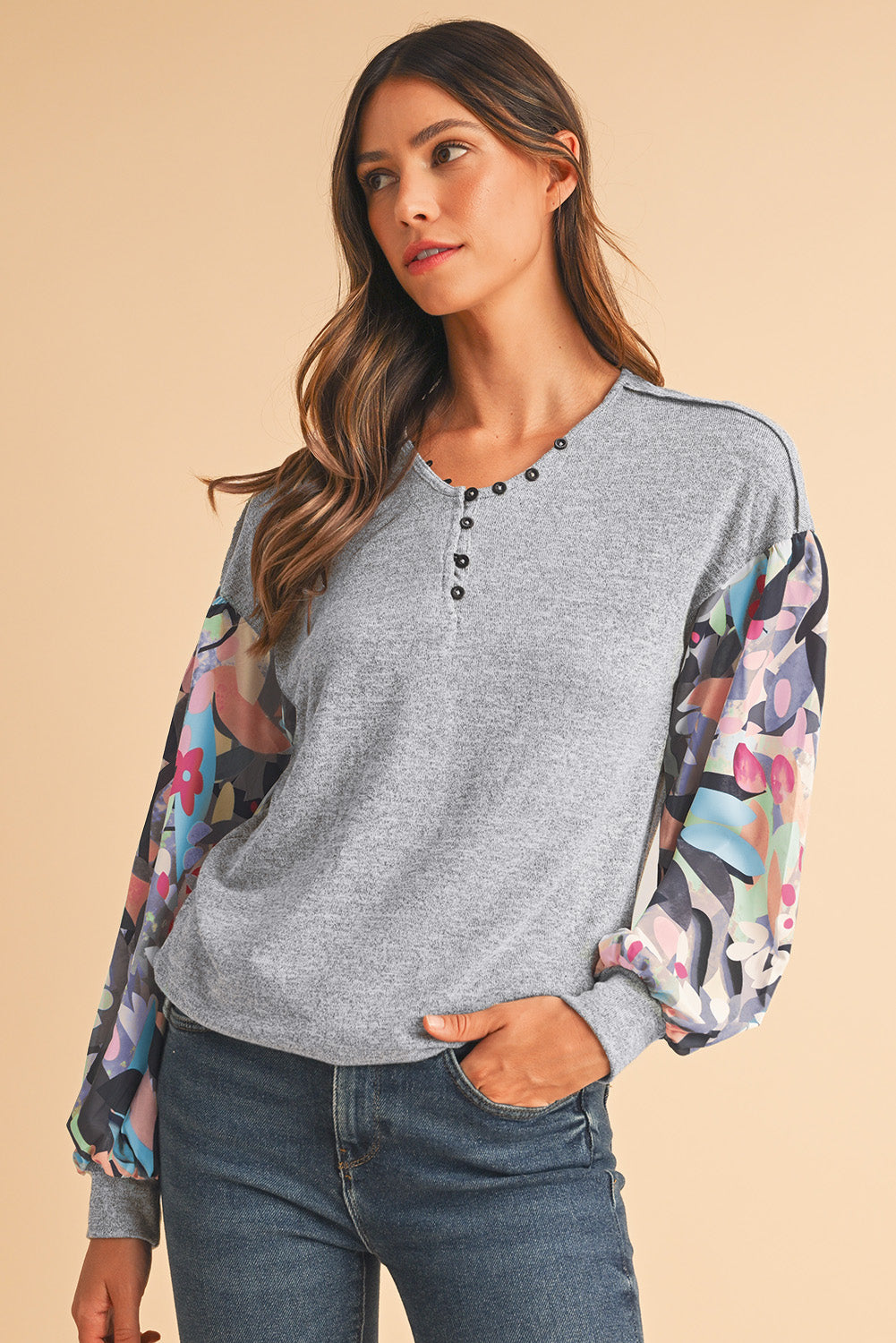 Gray Floral Splicing Lantern Sleeve Buttoned V Neck Top