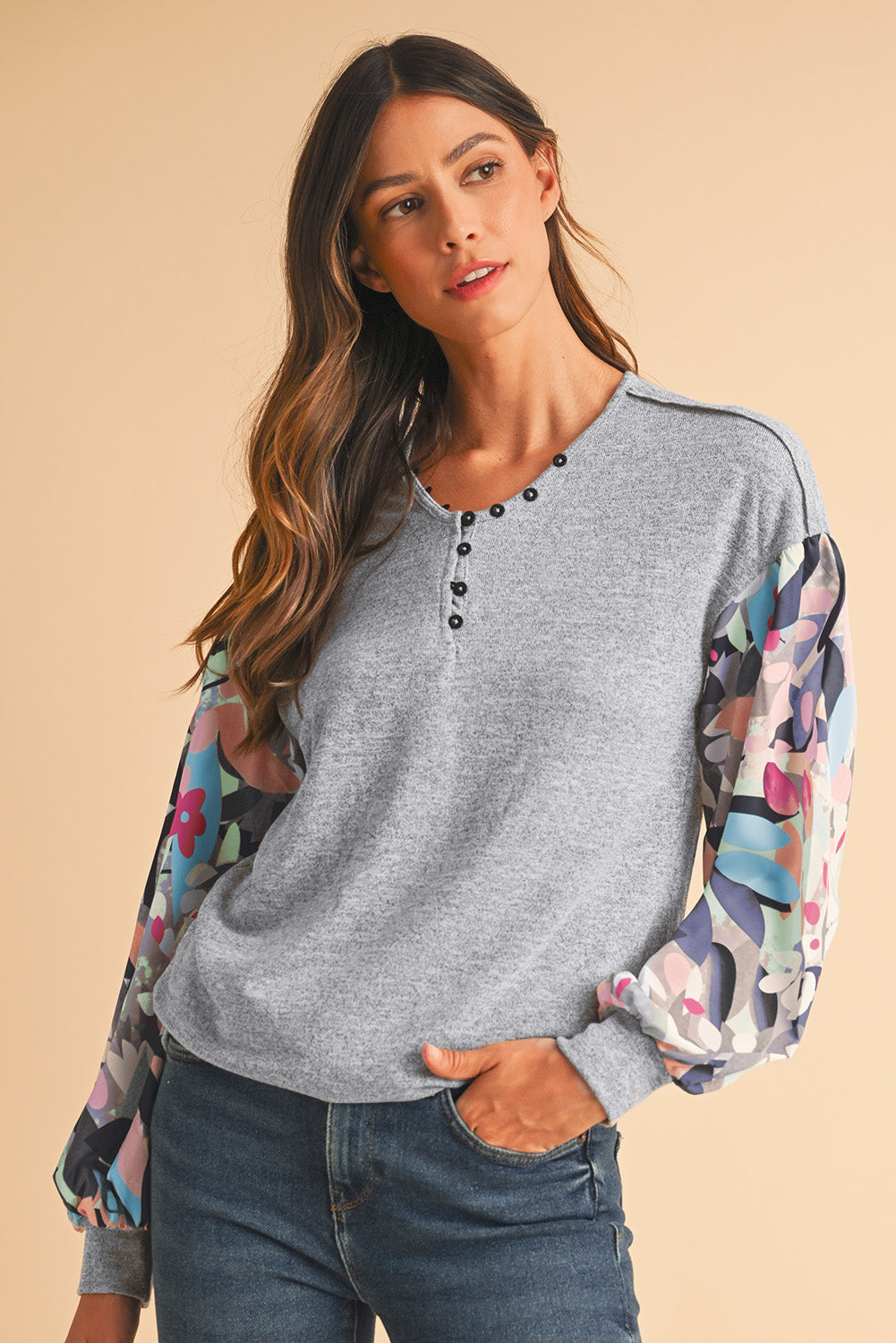 Gray Floral Splicing Lantern Sleeve Buttoned V Neck Top