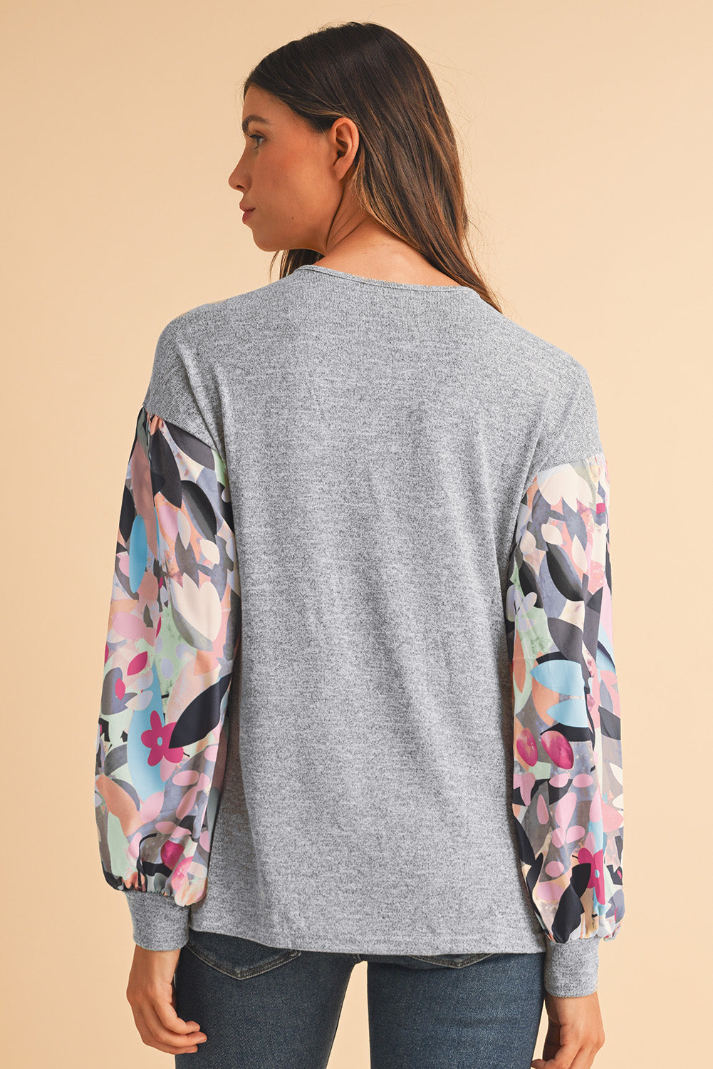 Gray Floral Splicing Lantern Sleeve Buttoned V Neck Top