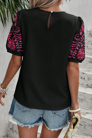 CLEARANCE Floral Embroidered Textured Puff Sleeve T Shirt