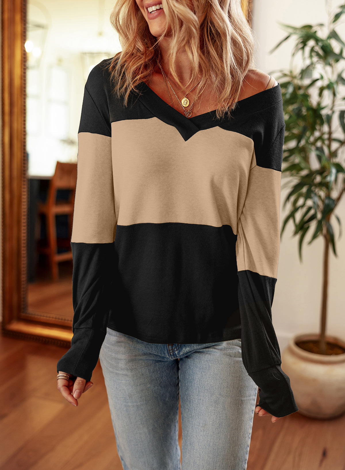 Parchment Colorblock Button Decor Cuffs V Neck Top