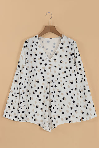Polka Dot Print Button Front V Neck Blouse