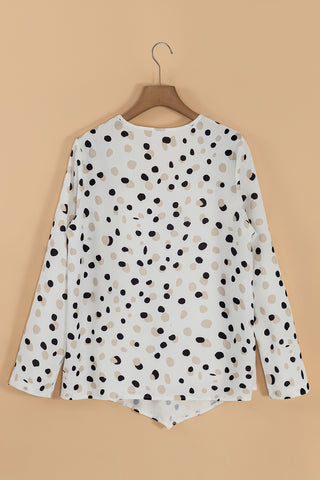 Polka Dot Print Button Front V Neck Blouse