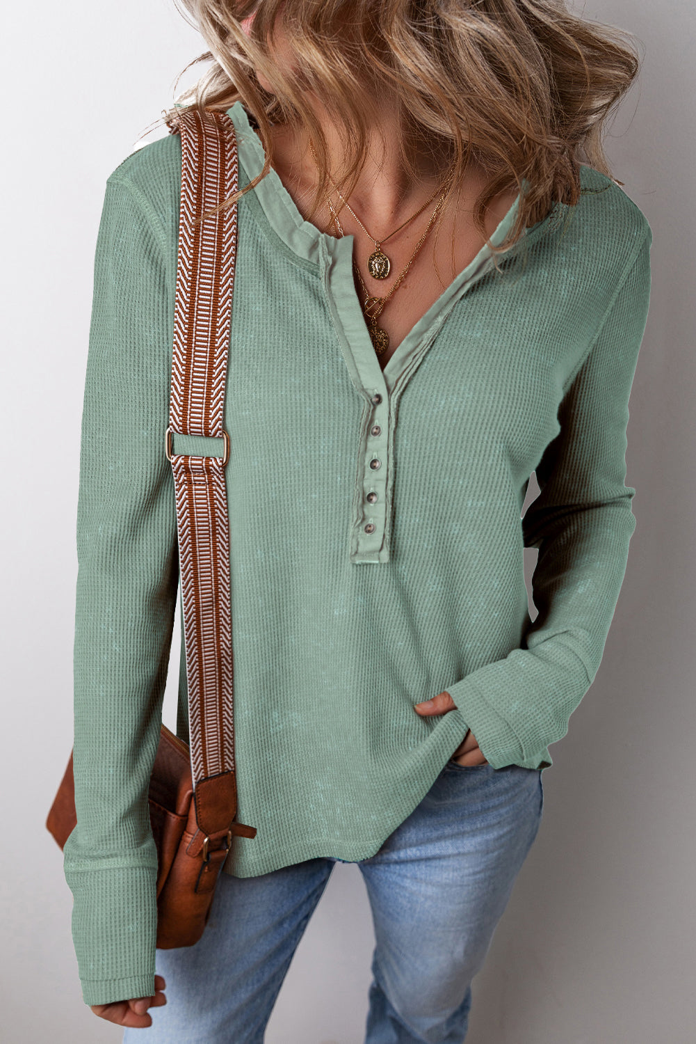 Smoke Green Casual V Neck Waffle Knit Top