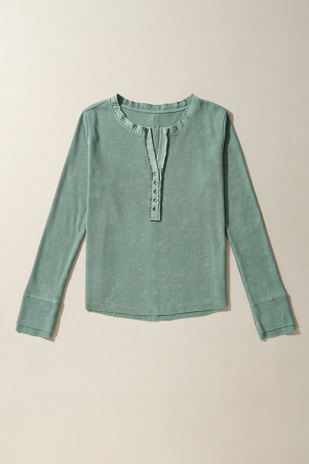 Smoke Green Casual V Neck Waffle Knit Top