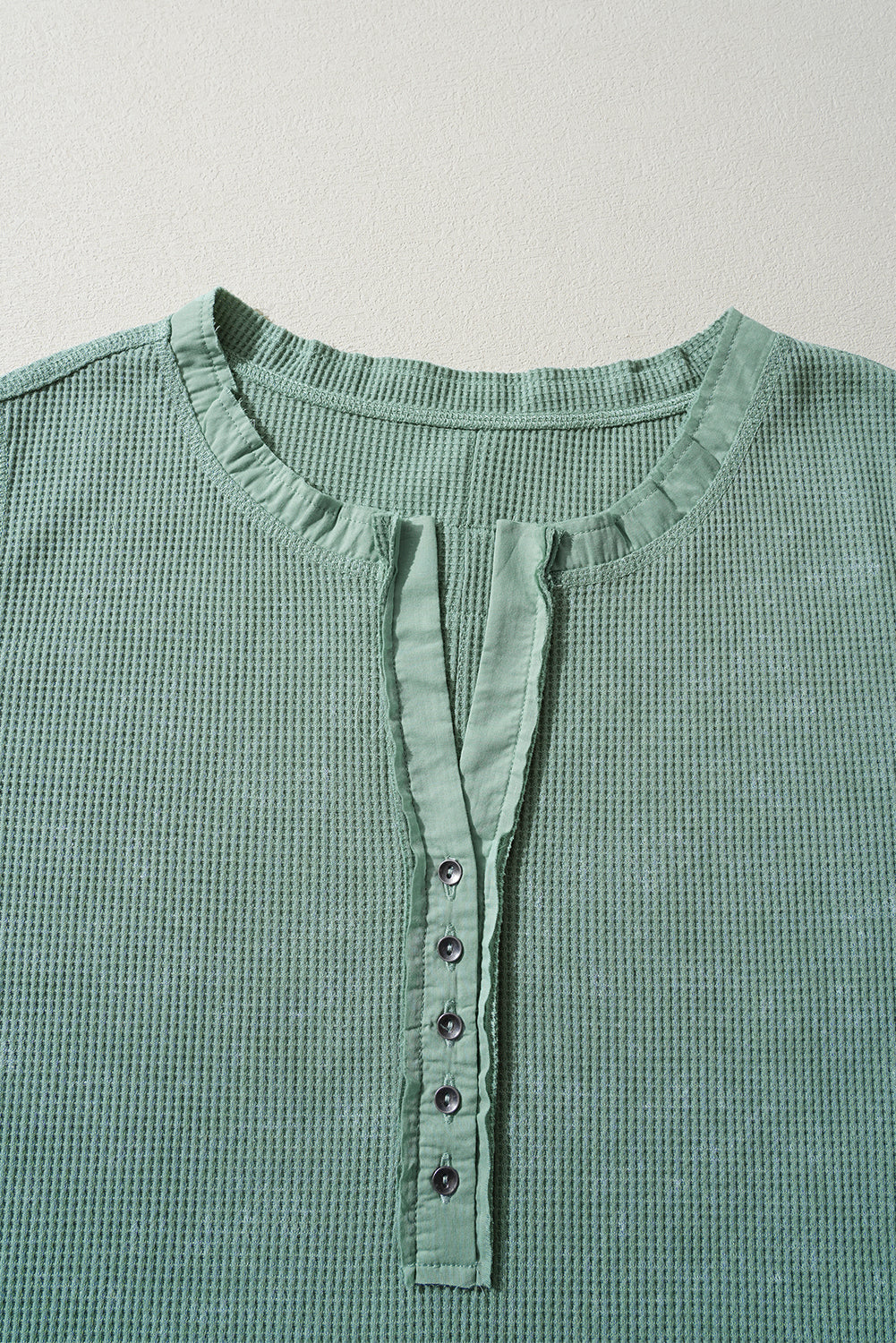 Smoke Green Casual V Neck Waffle Knit Top