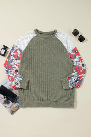 CLEARANCE Laurel Green Floral Patchwork Raglan Sleeve Ribbed Blouse