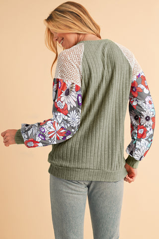 CLEARANCE Laurel Green Floral Patchwork Raglan Sleeve Ribbed Blouse