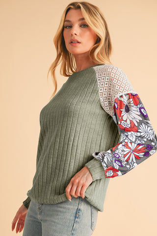 CLEARANCE Laurel Green Floral Patchwork Raglan Sleeve Ribbed Blouse