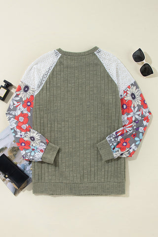 CLEARANCE Laurel Green Floral Patchwork Raglan Sleeve Ribbed Blouse