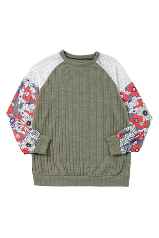 CLEARANCE Laurel Green Floral Patchwork Raglan Sleeve Ribbed Blouse