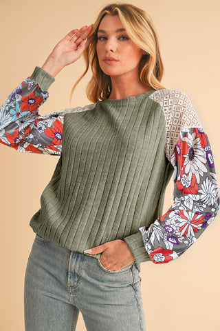 CLEARANCE Laurel Green Floral Patchwork Raglan Sleeve Ribbed Blouse