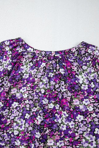 Purple Boho Ditsy Floral Split V Neck Bubble Sleeve Blouse