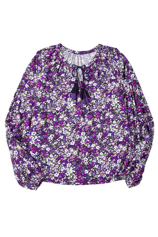 Purple Boho Ditsy Floral Split V Neck Bubble Sleeve Blouse