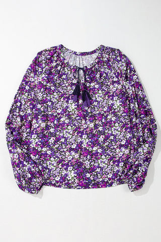 Purple Boho Ditsy Floral Split V Neck Bubble Sleeve Blouse