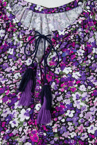 Purple Boho Ditsy Floral Split V Neck Bubble Sleeve Blouse