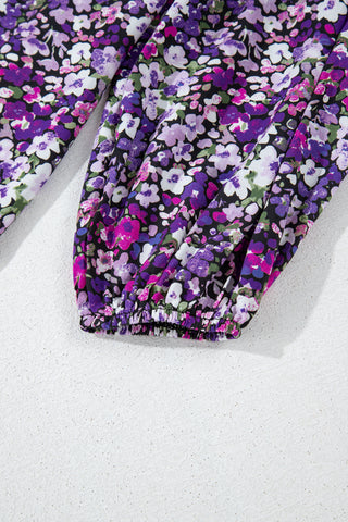 Purple Boho Ditsy Floral Split V Neck Bubble Sleeve Blouse