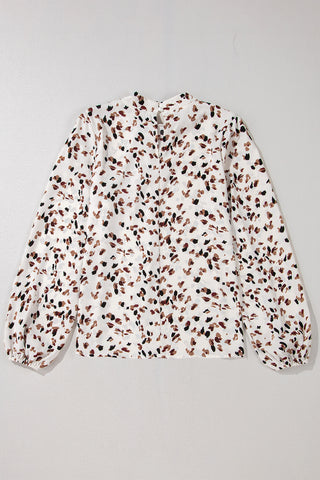 White Leopard Print Lantern Sleeve Mock Neck Pleated Blouse