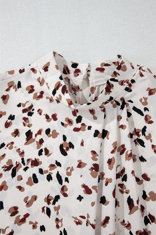 White Leopard Print Lantern Sleeve Mock Neck Pleated Blouse