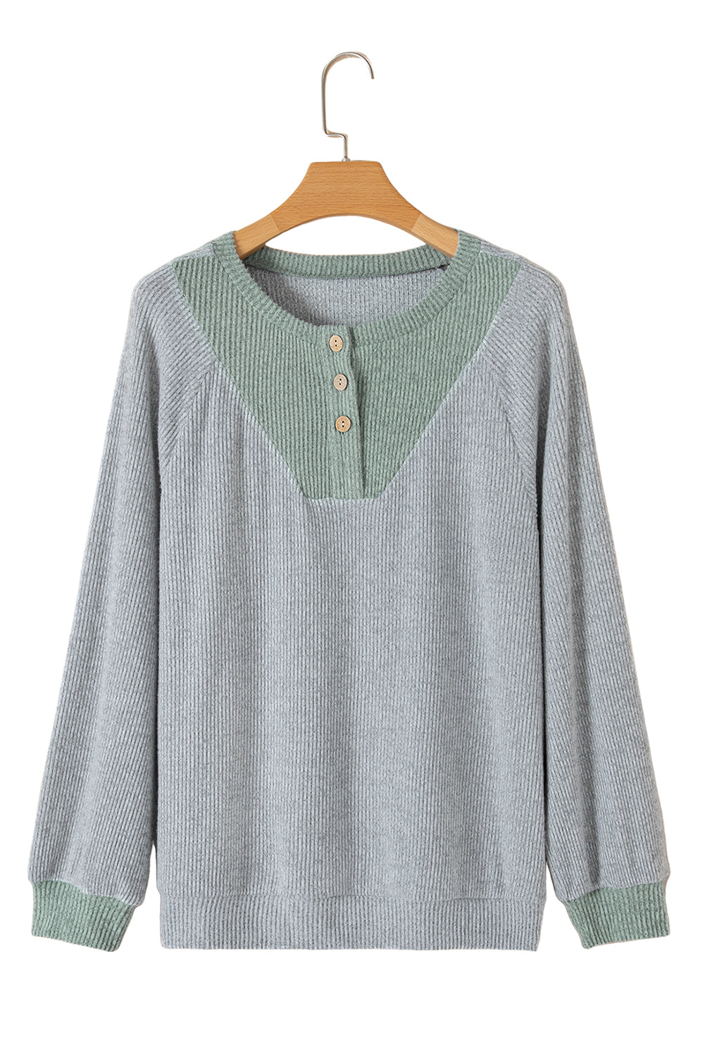 Light Grey Contrast Ribbed Loose Fit Henley Top