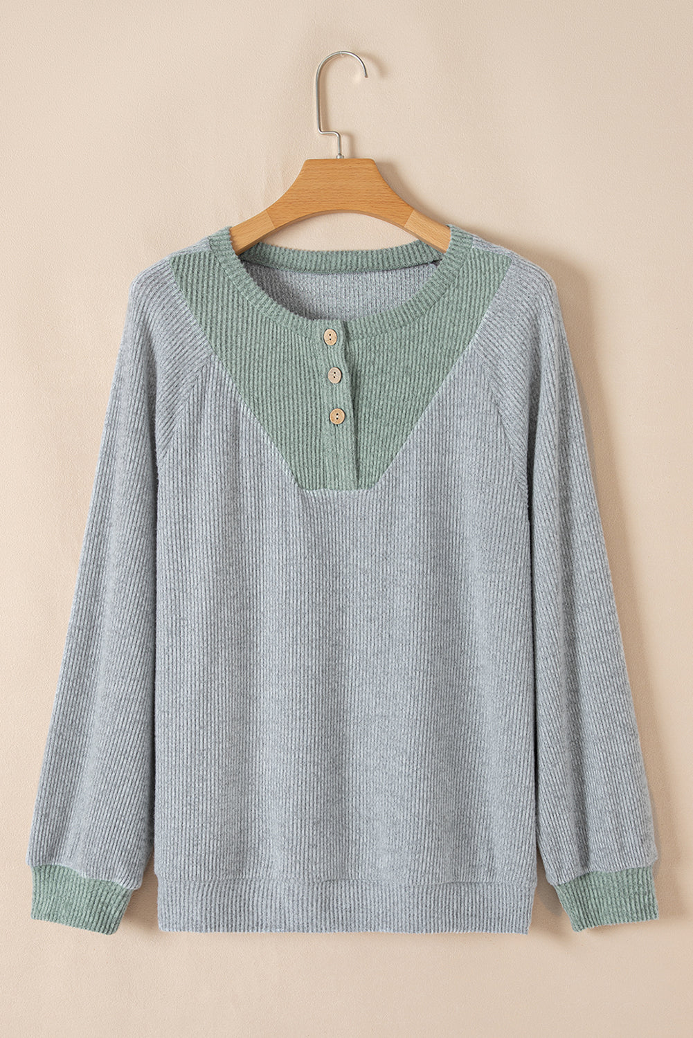 Light Grey Contrast Ribbed Loose Fit Henley Top