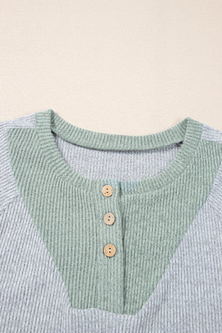 Light Grey Contrast Ribbed Loose Fit Henley Top