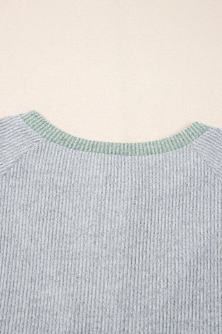Light Grey Contrast Ribbed Loose Fit Henley Top