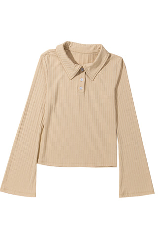 Beige Ribbed Buttoned Collar Long Sleeve Slim Fit Top