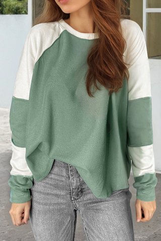 ***CLEARANCE*** Mint Green Ribbed Colorblock Patchwork Raglan Long Sleeve Top