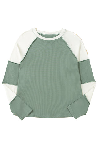 ***CLEARANCE*** Mint Green Ribbed Colorblock Patchwork Raglan Long Sleeve Top