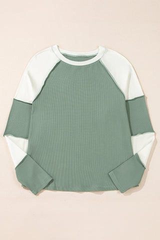 ***CLEARANCE*** Mint Green Ribbed Colorblock Patchwork Raglan Long Sleeve Top