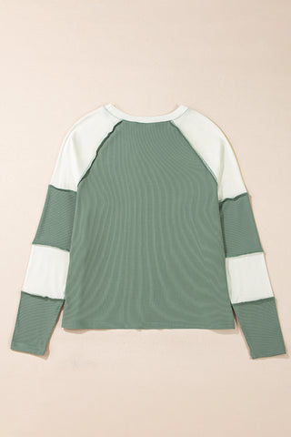 ***CLEARANCE*** Mint Green Ribbed Colorblock Patchwork Raglan Long Sleeve Top