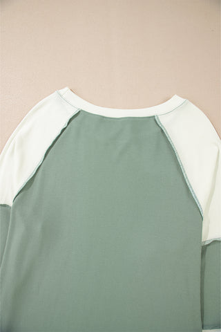 ***CLEARANCE*** Mint Green Ribbed Colorblock Patchwork Raglan Long Sleeve Top