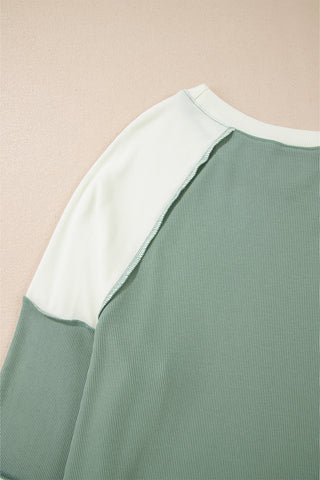 ***CLEARANCE*** Mint Green Ribbed Colorblock Patchwork Raglan Long Sleeve Top