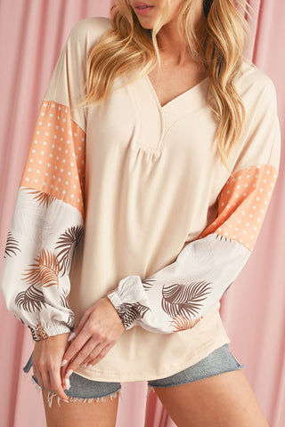 Jet Stream Palm Leaves Polka Dot Patchwork V Neck Loose Top