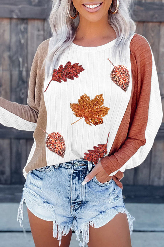 Autumn Thanksgiving Sequin Fall Leaves Graphic Colorblock Ribbed Knit Top