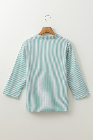 Green Stripe V Neck Pocket Roll-Up Sleeve Shirt