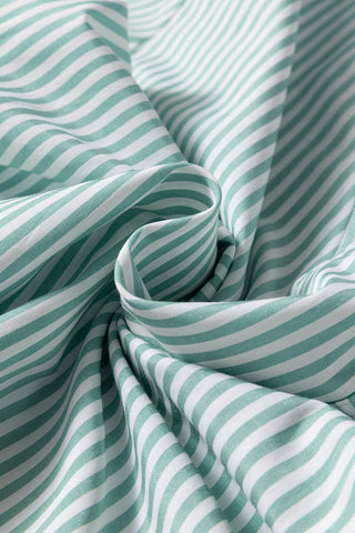 Green Stripe V Neck Pocket Roll-Up Sleeve Shirt