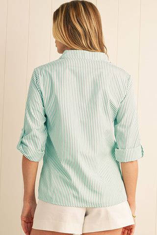 Green Stripe V Neck Pocket Roll-Up Sleeve Shirt