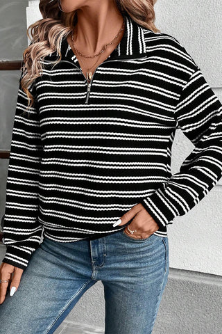CLEARANCE BLACK Stripe Textured Quarter Zip Collar Long Sleeve Top