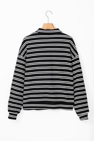 CLEARANCE BLACK Stripe Textured Quarter Zip Collar Long Sleeve Top