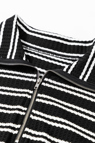 CLEARANCE BLACK Stripe Textured Quarter Zip Collar Long Sleeve Top