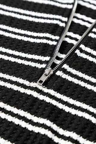 CLEARANCE BLACK Stripe Textured Quarter Zip Collar Long Sleeve Top