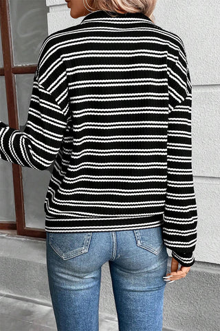 CLEARANCE BLACK Stripe Textured Quarter Zip Collar Long Sleeve Top