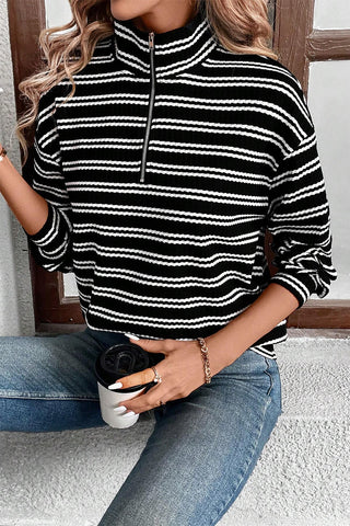 CLEARANCE BLACK Stripe Textured Quarter Zip Collar Long Sleeve Top